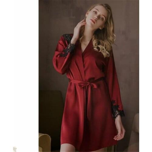 Sexy Red Croset Bathrobe Solid Lace Sleeve Trim V-Neck Graceful Beautiful Party Evening Housewear Nightwear