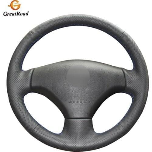 Handsewing Black Genuine leather Car Steering Wheel Covers Wrap for Peugeot 206 2007-2009 Peugeot 207 Citroen C2