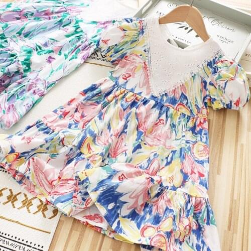 Girls floral print cotton princess dress wholesale baby girls flower dresses children clothes
