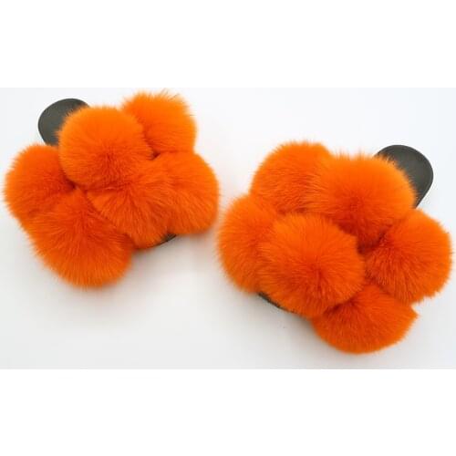 Janefur Women Cute Fluffy Pompom Slippers Fox Fur Wholesale New Design Plush Big Fur Ball Indoor Fur Slides