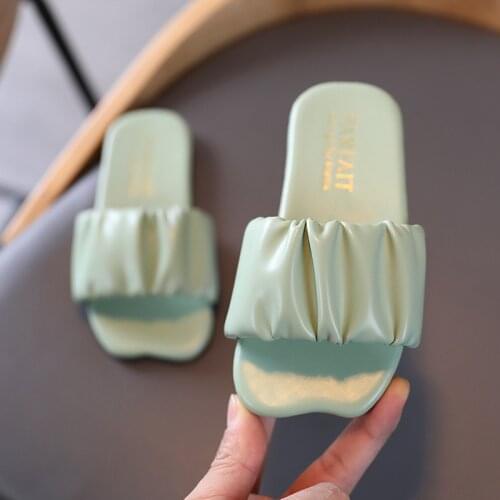 Summer Slippers Girl Kids Solid Color Princess Shoes Non-slip Beach Sandals Toddler Outdoor PU Leather Slip On Flip Flops