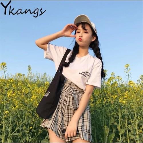 Summer Embroidered T-shirt Women High-waist Plaid Wide-leg Pants Ladies Fashion Top Shorts 2-piece Set New Leisure Sports Suit