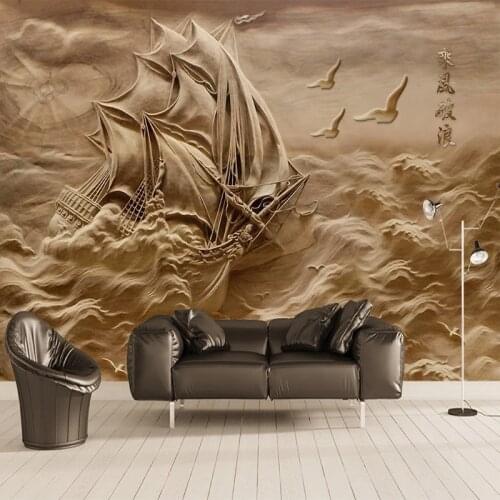 Custom Mural Wallpaper 3D Stereoscopic Embossed Sea Waves Sailboat Background Photo Wall Painting Study Living Room Papier Peint