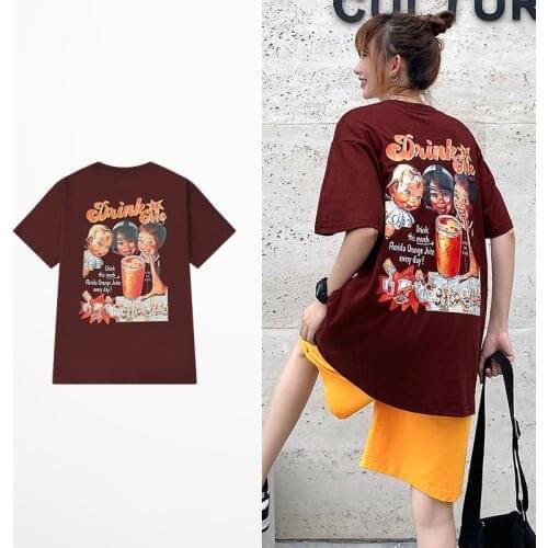New Fashion American Retro BF Wind Funny Print T Shirt Streetwear Tide Brand Cotton T-shirts Men Wine Red Oversize Tee Shirt