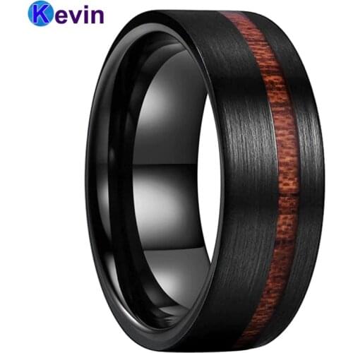 Flat Band Wood Ring Black Tungsten Wedding Band For Men And Women With Offset Groove Real Wood Inlay 8MM Comfort Fit