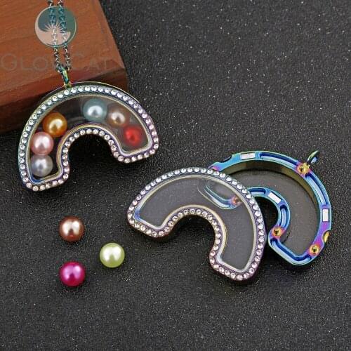 Rainbow Glass Lockets Necklace Magnetic Silver Color Living Memory Floating Pendant 50cm Steel Chain Necklace