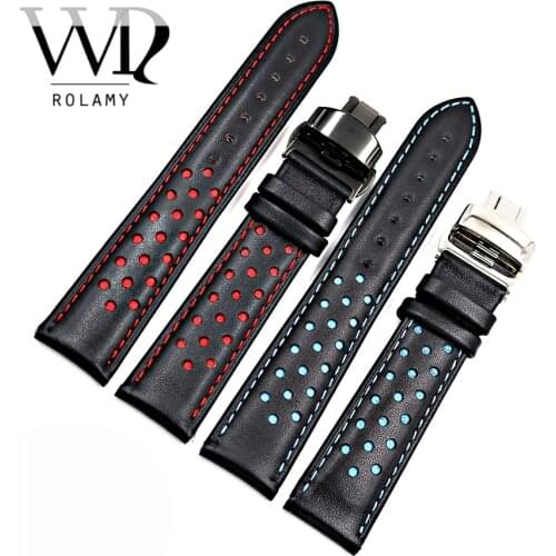Rolamy 20 22mm Real Calf Leather Handmade Black Replacement Wrist Watch Band Strap Double Push Clasp For Tag Heuer Seiko Tudor