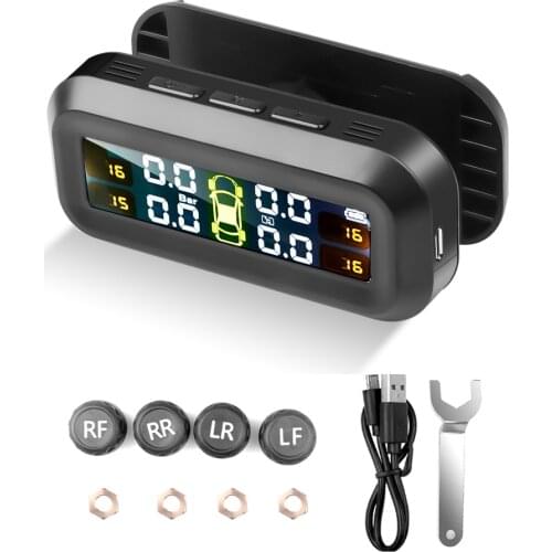 Solar Tpms Car Tire Pressure Alarm Monitor System Real-Time Display Attached To Windshield or Dashboard Wireless with 4 Sensors