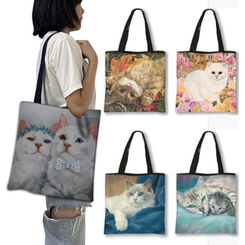 Oil Cat Painting Handbag Fashion Women Shopping Bags High-capacity Ladies Shoulder Bag For Travel Cute Cat Beach Bags Gift