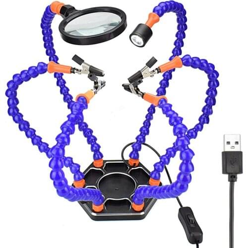 LED Light Helping Hands Magnifier Station 3X USB Lighted Magnifying Glass Stand with 5 Alligator Clips -for Soldering, Assembly