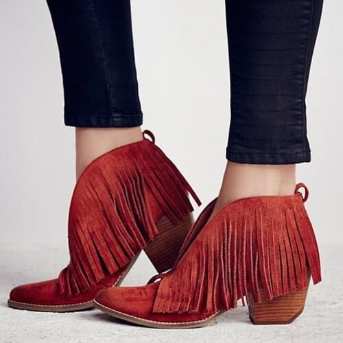 Vintage chunky high heels suede leather woman ankle boots V sharpe fringe bota feminina red black cowboy boots shallow botines