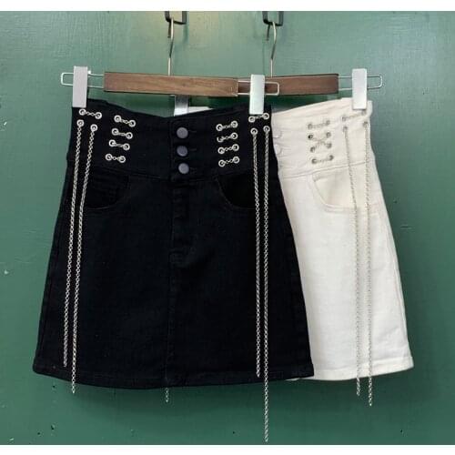 Summer 2021 summer high waist chain denim skirt women high waist anti-glare a-line skirt