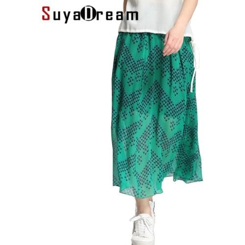 Women Skirt 100%Real Silk Printed Skirt for Women Dould layers A-Line Long Skirts Elastic Waist 2019 New Spring Green