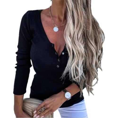Women Causal Long Sleeve Slim Fit Shirts Autumn Knitted Ribbed Pullover Button Tops Elegant V-Neck Solid Henley Shirts