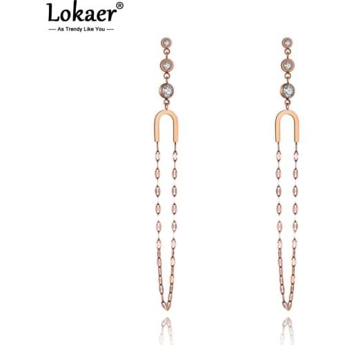Lokaer Bohemia Style Titanium Stainless Steel CZ Crystal Tassel Earrings Trendy Party Dangle Earrings Jewelry For Women E19317
