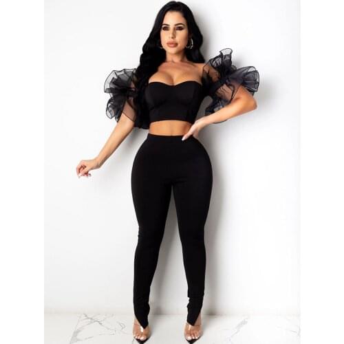 Sexy Birthday Club Outfits for Women Elegant Petal Sleeve Two Piece Set Rave Festival Crop Top and Pants Leggings Matching Sets