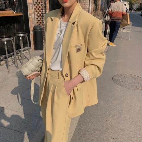 Hstar Elegance Single Breasted Office Lady Work Jacket Korean Fashion Yellow Set 2 Piece Set Women Blazer Wild Leg Pant Suits