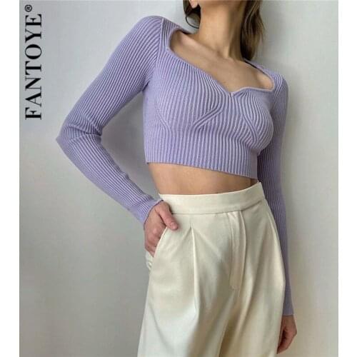 Fantoye Vintage Peach Neck Knitted Sweater Women Fashion Long Sleeve Bodycon Short Tops Pullovers Femme High Street Slim Jumper