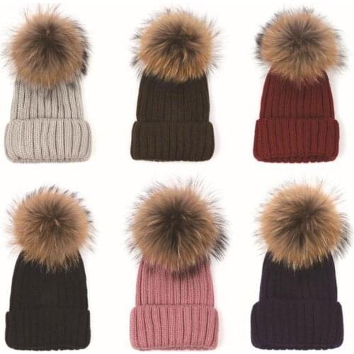 Winter hats, womens knitted wool hats, real raccoon fur pom-pom hats, warm, chunky, bouncy hats for women and children
