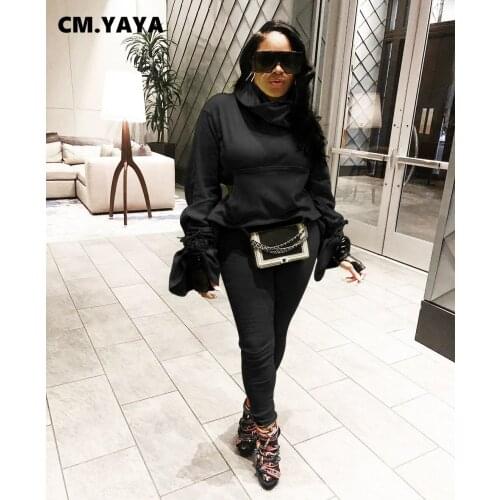 CM.YAYA aumutn winter womens set sexy big size solid long slevee full length Turleneck Draped Sport set