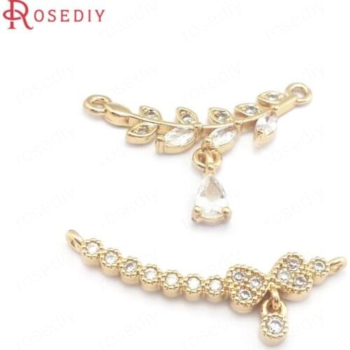 6PCS 24K Champagne Gold Color Brass and Zircon with Drop Shape or Bow-knot Connect Charms Pendants DIY Findings Accessories