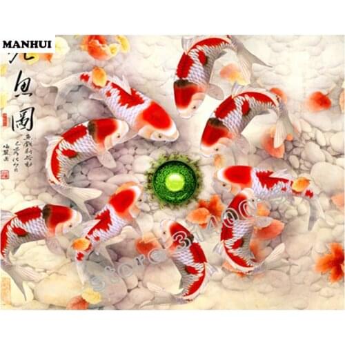 Diamond Embroidery Nine fish pictures DIY Diamond Painting Cross Stitch Picture Rhinestones Full Square Diamond Mosaic ABC102