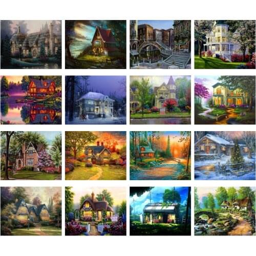 Forest Hut Villa Town Landscape 5D Diamond Painting Pastoral Cross Stitch Kits Image of Rhinestones Handmade Gifts Home Decor