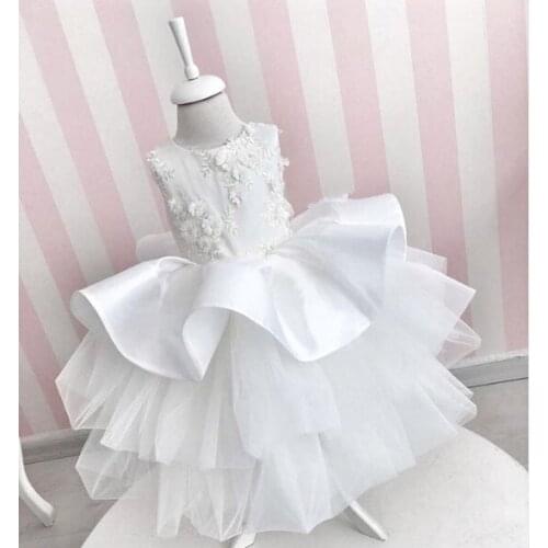 White Puffy Gown Baby Girl Gowns Flower Girl Dress Sheer Neck Applique Lace Kids First Birthday Dress