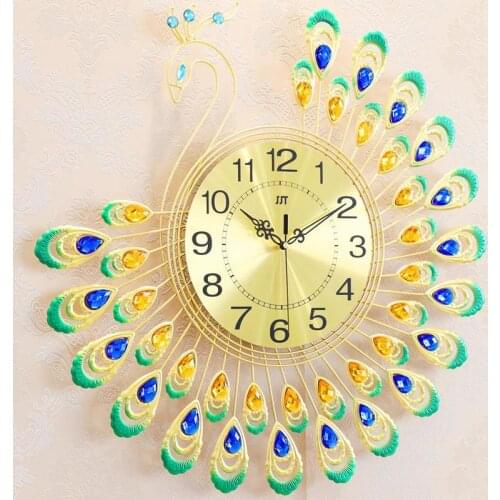 Large 3D Gold Diamond Peacock Wall Clock Metal Watch for Home Living Room Decoration DIY Clocks Ornaments 53x53cm WF