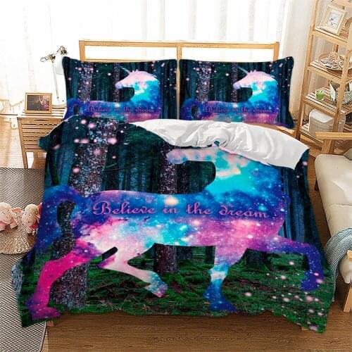 Kids luxury bedding 3D Digital Dream Forest Unicorn Duvet Cover with Pillowcases Cosmic Unicorn bed Line king size wholesale