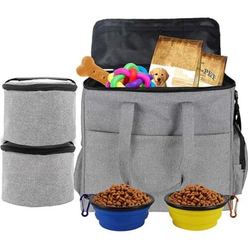 Pet Dogs Travel Shoulder Bag Multi-function Dog Food Tote Carrier Container Organizer with Collapsible Bowl for Hiking Camping