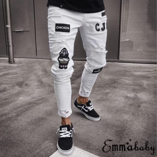Destroyed Hole Taped Slim Fit Denim Scratched Jean Men Stretchy Ripped Skinny Biker Embroidery Print Jeans 3 Styles