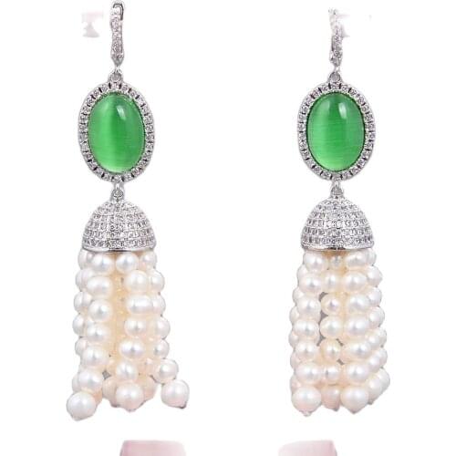 GG Jewelry Beautiful White Pearl Green Jade Crystal Earrings CZ Fitting