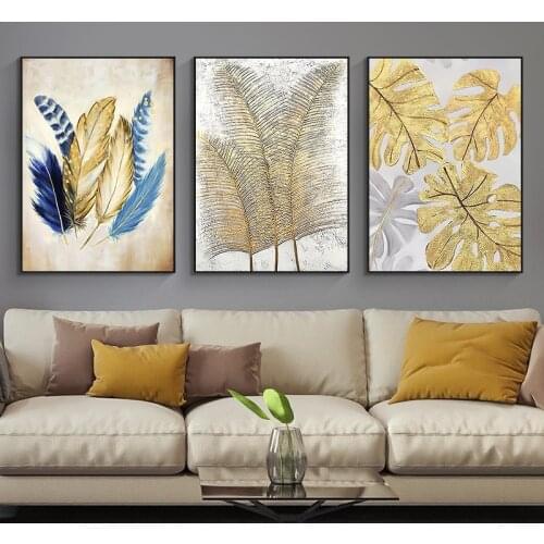 Retro Colorful Bird Feather Canvas Painting Golden Plant Leaves Wall Art Picture Specimen Poster and Print for Living Room Decor