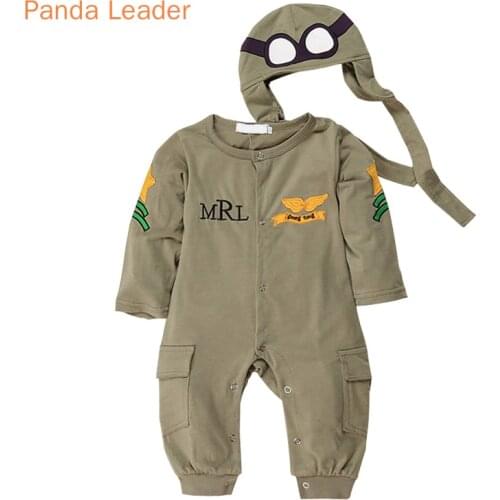 2 Pcs Set Summer Autumn Baby Boys Pilot Aviator Costume Cotton Romper Cap Jumpsuit Outfits Infant Birthday Party Clothes