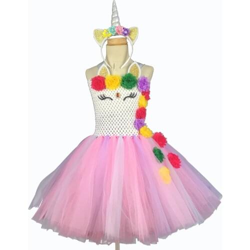 Cute Girls Rainbow Unicorn Flower Tutu Dress Girls Crochet Tulle Strap Dress with Hairbow Children Party Cosplay Costume Dresses