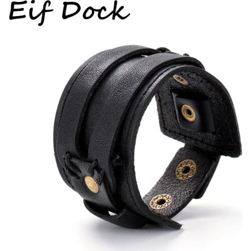 Eif Dock Wide Belt Genuine Leather Charm Bracelet For Men Motorcycle Rider Punk Adjustable Male Wristband Wrap Bracelets