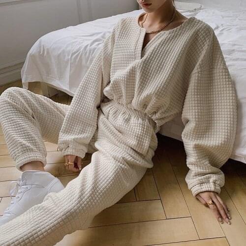 New Leisure Suit High Waist Pant Solid Loose Joggers Female Casual Two Piece Tracksuit Suit Fashion Plaid Chic Cropped Pullovers