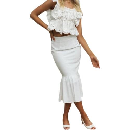 Sexy Women Solid Color Fishtail Skirt Casual Slim Fit Ruffle Hem High Waist Skirts for Summer White