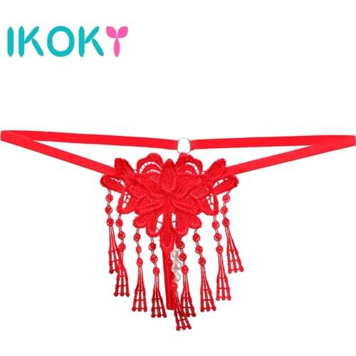IKOKY Women Sexy Lingerie Crotchless Underwear Open Crotch Panties Tassel Pearl G-string Briefs Vagina Stimulator Erotic Apparel