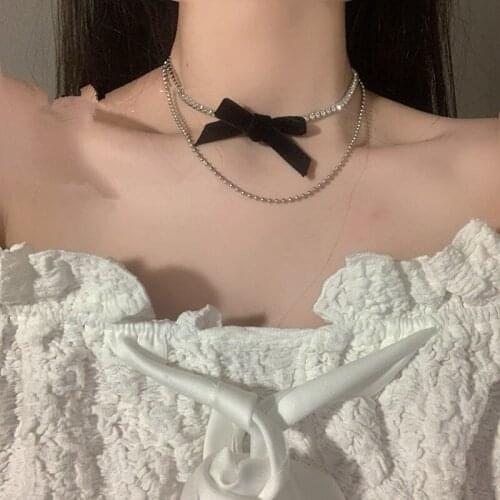 TIMEONLY French Double Layering Black Cloth Butterfly Choker Necklaces Shinning Rhinestones Beading Neckalce for Women Ladies