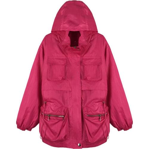 Fashion Shiny Windbreaker Women Korean Casual Jacket Spring Autumn 2021 New Loose Hooded Large Size Female Tooling Coat aq202