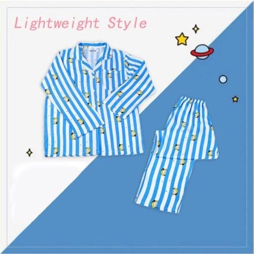 Womens Pajamas Blue Stripe Cartoons Print Homewear Sets 2 Pieces Comfortable Pajamas Soft Short Sleeve Nightwear 2021 Summer
