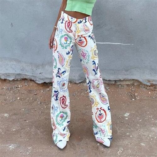 Evfer Summer Fashion Elastic High Waist Geometric Print Womens Long Pants Girls 2021 Za Casual Suit Flare Pants