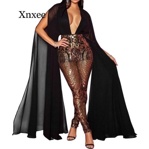 Elegant Celebrity Evening Sequin Jumpsuit Women Deep V-Neck Patchwork Long Sleeve Mesh Sheer Romper Club Sparkly Female Overalls