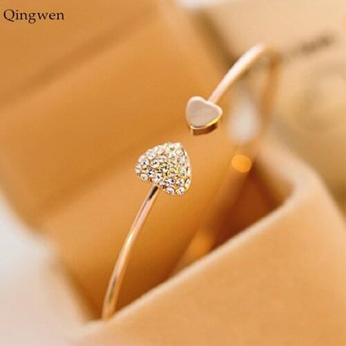 QingWen Women Bracelet Hot New Fashion Adjustable Crystal Double Heart Bracelets Cuff Opening Bracelet Jewelry Gift CE0545/w