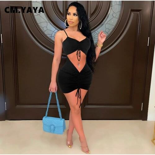CM.YAYA Women Mini Dress Solid Sleeveless Strapless V-neck Shirring Hollow Out Stretchy Dresses Sexy Night Clubwear Summer 2021
