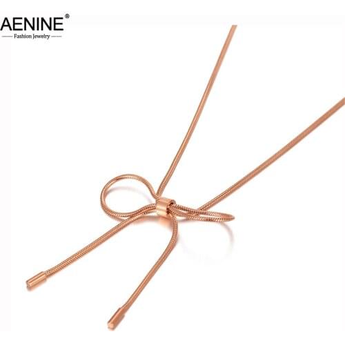 AENINE Trendy Bohemia Stainless Steel Bowknot Charm Choker Necklaces Snake Chain Pendant Necklace For Women цепочка AN20062