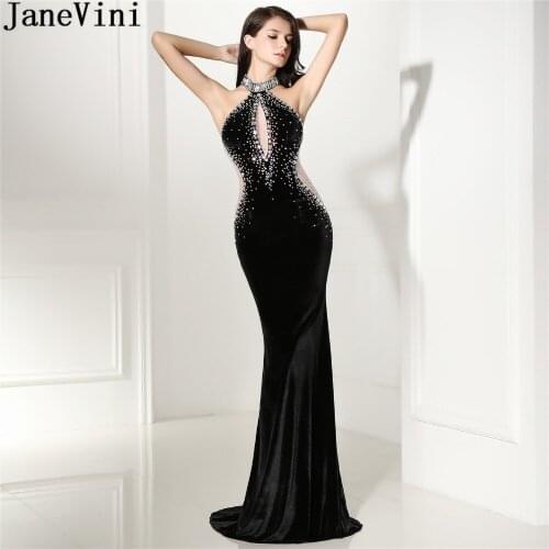JaneVini Sexy African Crystal Women Formal Prom Dress Long Gowns Velvet Halter Backless Luxury Beaded Mermaid Bridesmaid Dresses