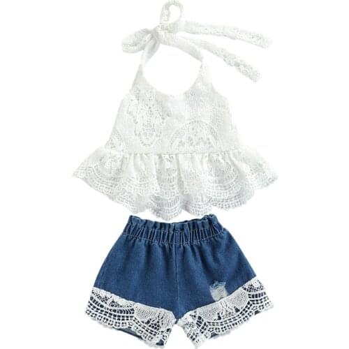 2021-03-29 Lioraitiin 2Pcs 0-6Y Kid Girls Clothing Sets Lace Sleeveless Halter Vest Top+Denim Shorts Children Clothes Outfits
